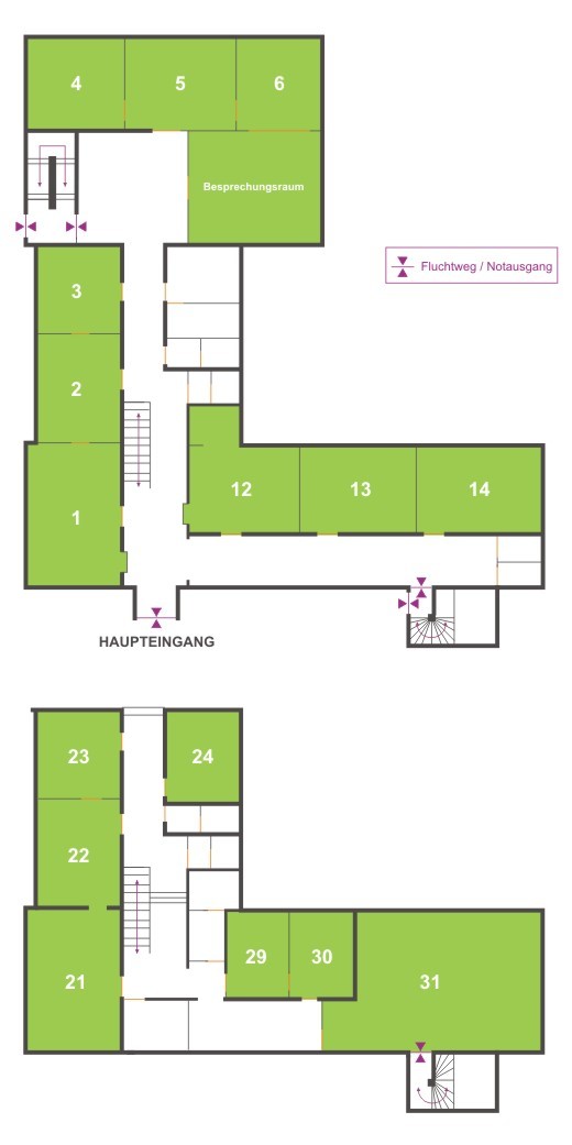 Raumplan des Erdgeschosses und ersten Stocks des Rathauses